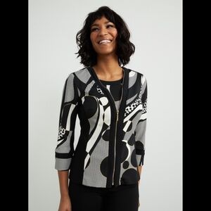 Joseph Ribkoff geometric pattern sleeveless top and zippered jacket combination